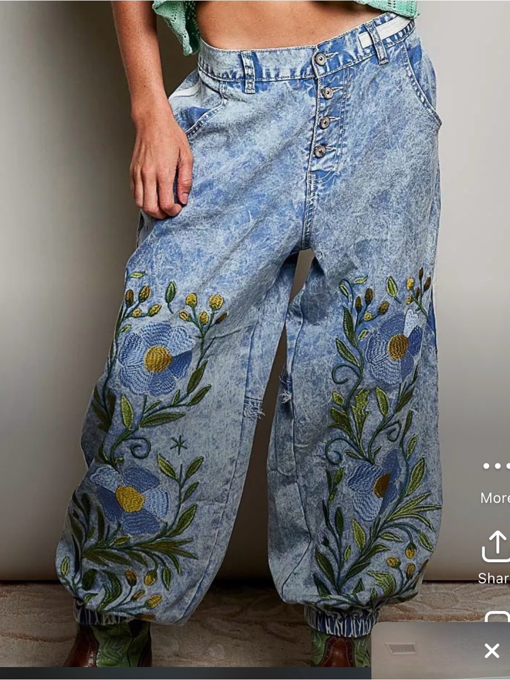 POL Light Blue Denim Look Embroidered Boho Jogger Pants NWT
